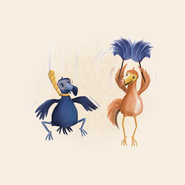 Twee vrolijke dodo's die dansen met veren.