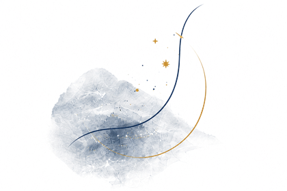 Abstract blauwe en gouden vormen met sterren, geïnspireerd op de voorpagina