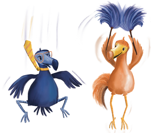 Twee vrolijke dodo's met veren en een stropdas